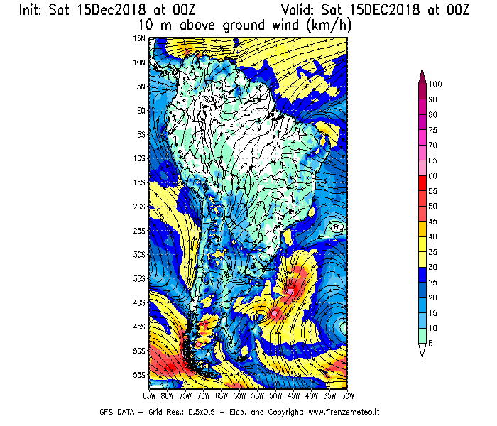 Mappa di analisi GFS - Velocità del vento a 10 metri dal suolo [km/h] in Sud-America
									del 15/12/2018 00 <!--googleoff: index-->UTC<!--googleon: index-->