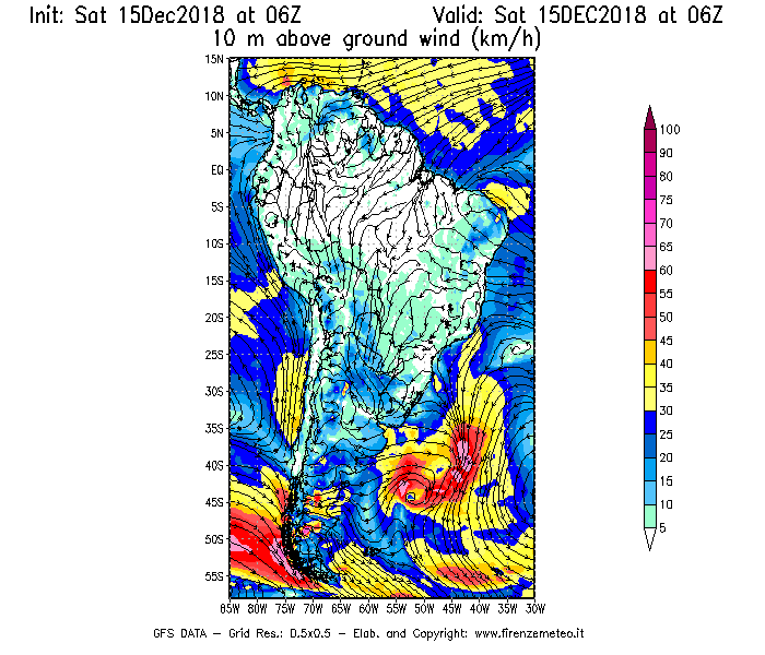 Mappa di analisi GFS - Velocità del vento a 10 metri dal suolo [km/h] in Sud-America
							del 15/12/2018 06 <!--googleoff: index-->UTC<!--googleon: index-->