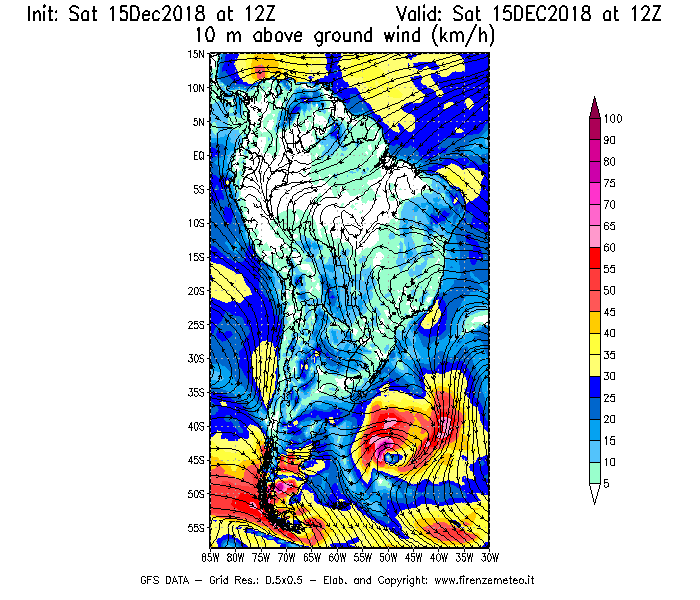 Mappa di analisi GFS - Velocità del vento a 10 metri dal suolo [km/h] in Sud-America
									del 15/12/2018 12 <!--googleoff: index-->UTC<!--googleon: index-->