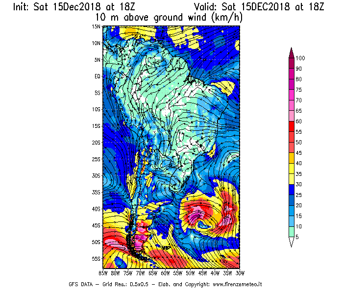 Mappa di analisi GFS - Velocità del vento a 10 metri dal suolo [km/h] in Sud-America
									del 15/12/2018 18 <!--googleoff: index-->UTC<!--googleon: index-->