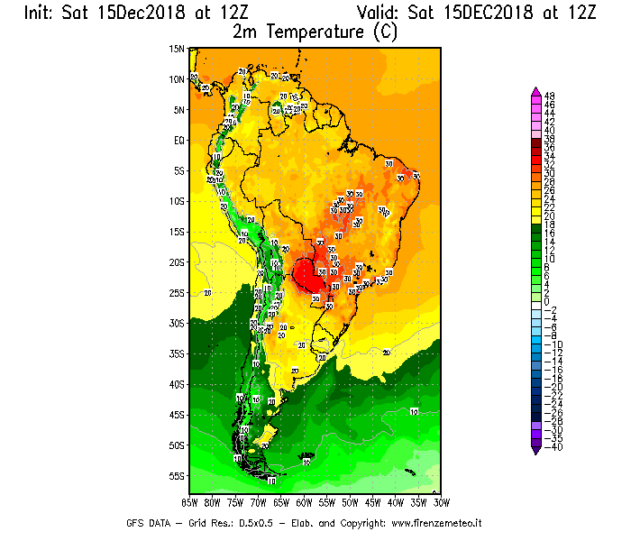 Mappa di analisi GFS - Temperatura a 2 metri dal suolo [°C] in Sud-America
									del 15/12/2018 12 <!--googleoff: index-->UTC<!--googleon: index-->