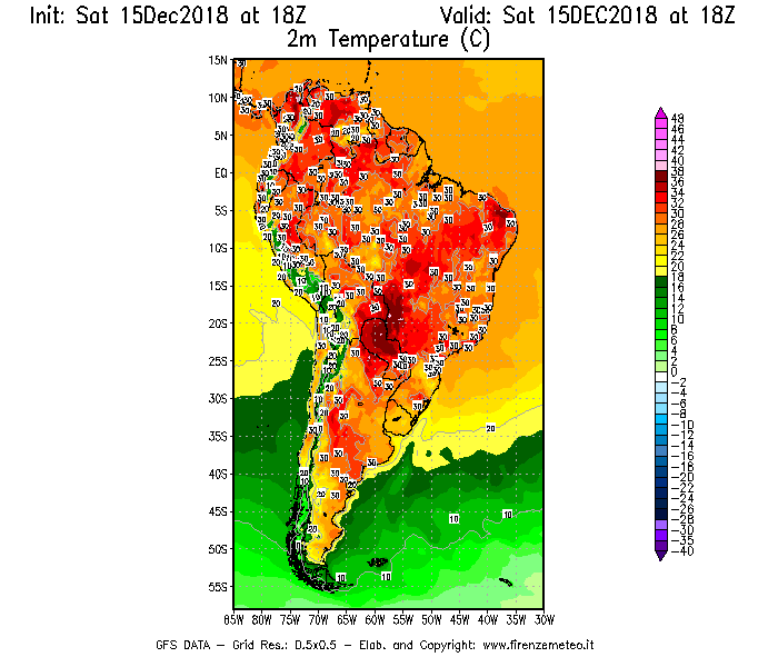 Mappa di analisi GFS - Temperatura a 2 metri dal suolo [°C] in Sud-America
									del 15/12/2018 18 <!--googleoff: index-->UTC<!--googleon: index-->