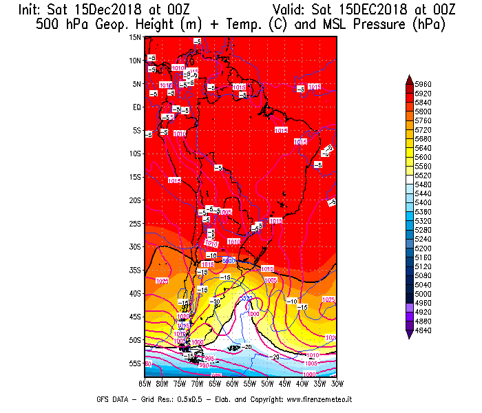 Mappa di analisi GFS - Geopotenziale [m] + Temp. [°C] a 500 hPa + Press. a livello del mare [hPa] in Sud-America
									del 15/12/2018 00 <!--googleoff: index-->UTC<!--googleon: index-->