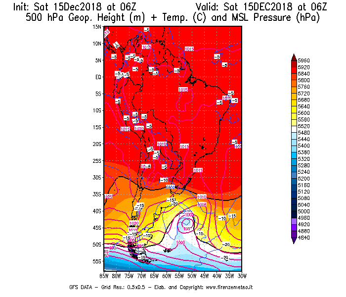 Mappa di analisi GFS - Geopotenziale [m] + Temp. [°C] a 500 hPa + Press. a livello del mare [hPa] in Sud-America
									del 15/12/2018 06 <!--googleoff: index-->UTC<!--googleon: index-->