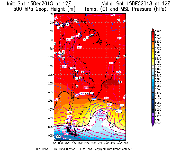 Mappa di analisi GFS - Geopotenziale [m] + Temp. [°C] a 500 hPa + Press. a livello del mare [hPa] in Sud-America
									del 15/12/2018 12 <!--googleoff: index-->UTC<!--googleon: index-->