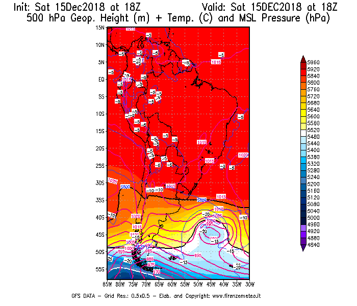 Mappa di analisi GFS - Geopotenziale [m] + Temp. [°C] a 500 hPa + Press. a livello del mare [hPa] in Sud-America
									del 15/12/2018 18 <!--googleoff: index-->UTC<!--googleon: index-->