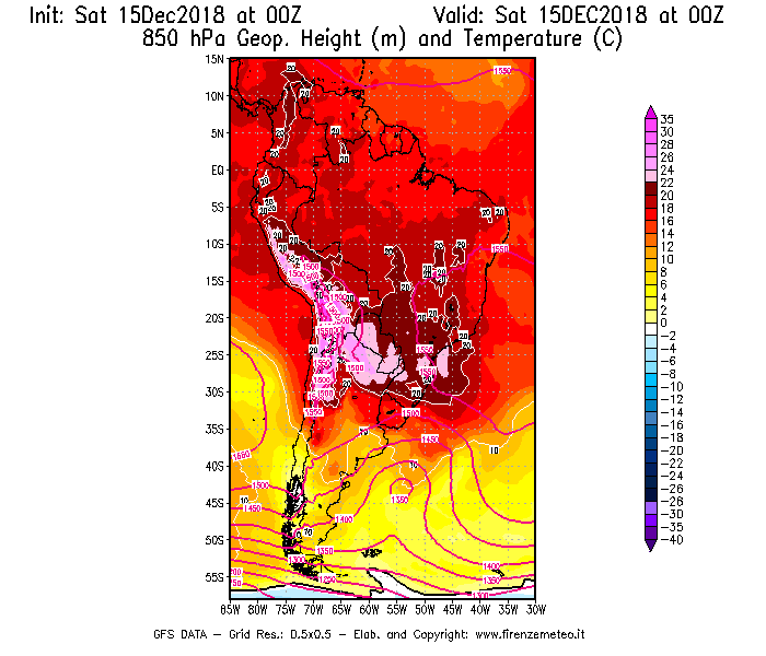 Mappa di analisi GFS - Geopotenziale [m] e Temperatura [°C] a 850 hPa in Sud-America
									del 15/12/2018 00 <!--googleoff: index-->UTC<!--googleon: index-->