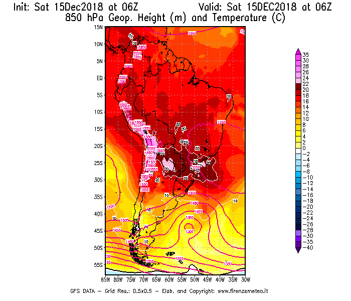 Mappa di analisi GFS - Geopotenziale [m] e Temperatura [°C] a 850 hPa in Sud-America
									del 15/12/2018 06 <!--googleoff: index-->UTC<!--googleon: index-->