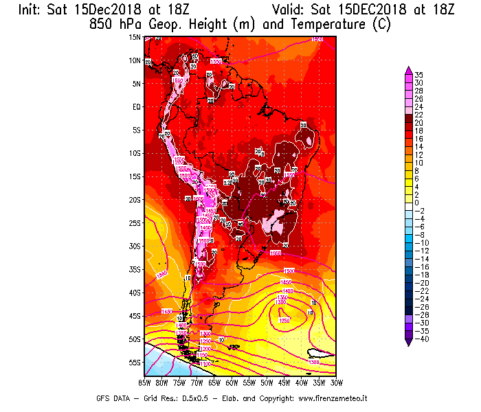 Mappa di analisi GFS - Geopotenziale [m] e Temperatura [°C] a 850 hPa in Sud-America
							del 15/12/2018 18 <!--googleoff: index-->UTC<!--googleon: index-->