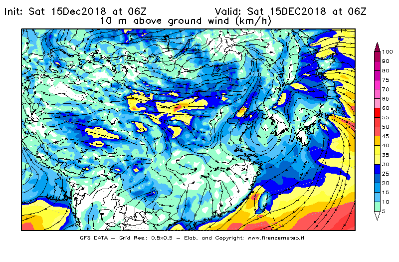 Mappa di analisi GFS - Velocità del vento a 10 metri dal suolo [km/h] in Asia Orientale
									del 15/12/2018 06 <!--googleoff: index-->UTC<!--googleon: index-->