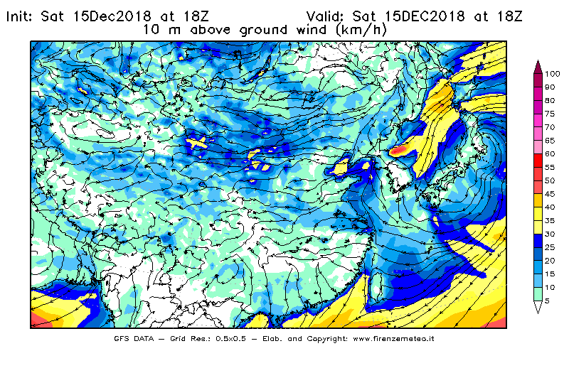 Mappa di analisi GFS - Velocità del vento a 10 metri dal suolo [km/h] in Asia Orientale
							del 15/12/2018 18 <!--googleoff: index-->UTC<!--googleon: index-->
