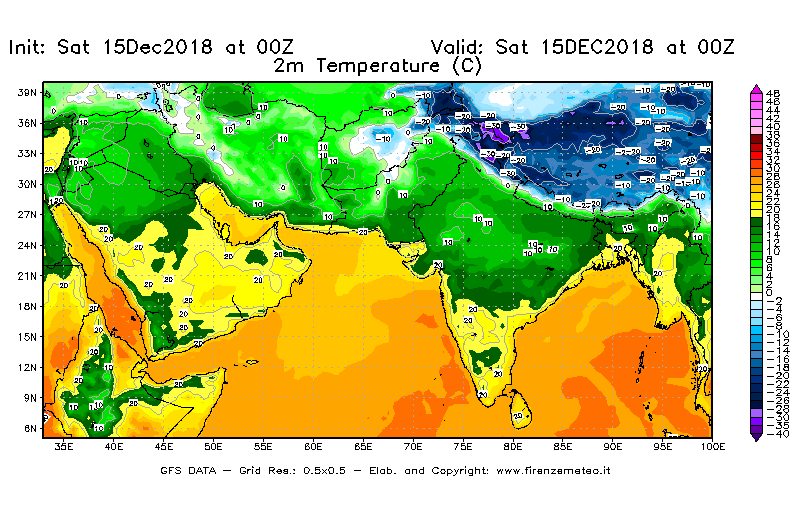Mappa di analisi GFS - Temperatura a 2 metri dal suolo [°C] in Asia Sud-Occidentale
							del 15/12/2018 00 <!--googleoff: index-->UTC<!--googleon: index-->