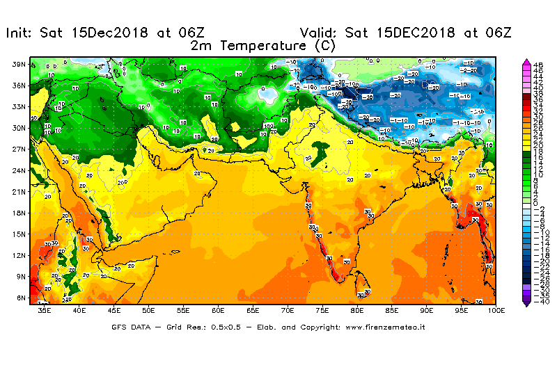 Mappa di analisi GFS - Temperatura a 2 metri dal suolo [°C] in Asia Sud-Occidentale
							del 15/12/2018 06 <!--googleoff: index-->UTC<!--googleon: index-->