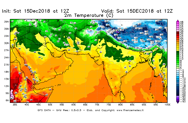 Mappa di analisi GFS - Temperatura a 2 metri dal suolo [°C] in Asia Sud-Occidentale
							del 15/12/2018 12 <!--googleoff: index-->UTC<!--googleon: index-->