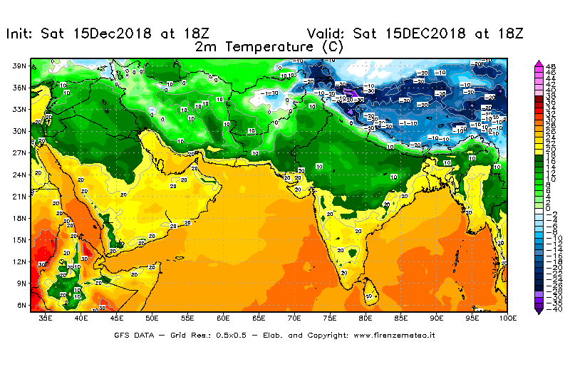 Mappa di analisi GFS - Temperatura a 2 metri dal suolo [°C] in Asia Sud-Occidentale
									del 15/12/2018 18 <!--googleoff: index-->UTC<!--googleon: index-->