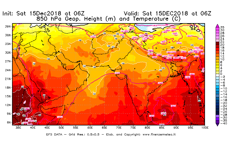 Mappa di analisi GFS - Geopotenziale [m] e Temperatura [°C] a 850 hPa in Asia Sud-Occidentale
							del 15/12/2018 06 <!--googleoff: index-->UTC<!--googleon: index-->