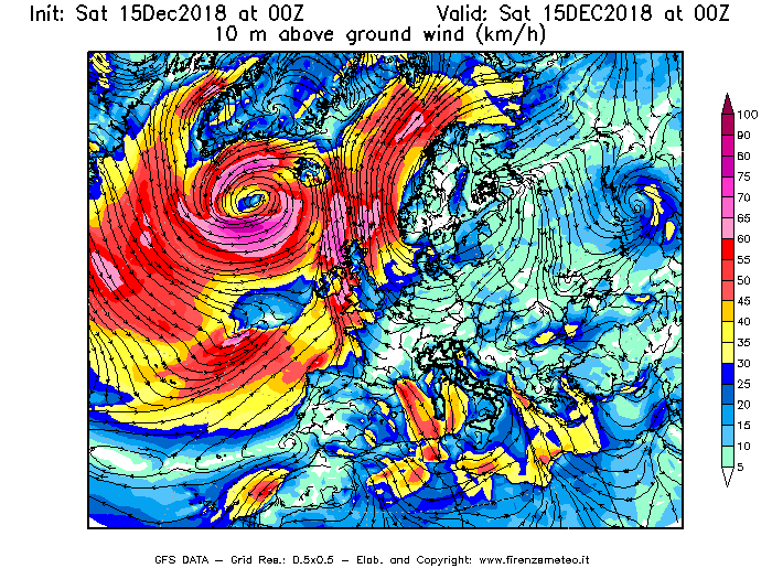 Mappa di analisi GFS - Velocità del vento a 10 metri dal suolo [km/h] in Europa
							del 15/12/2018 00 <!--googleoff: index-->UTC<!--googleon: index-->