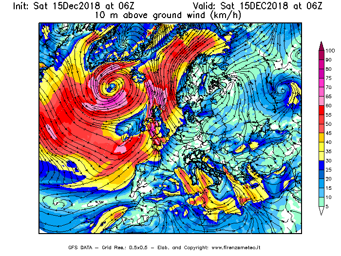 Mappa di analisi GFS - Velocità del vento a 10 metri dal suolo [km/h] in Europa
									del 15/12/2018 06 <!--googleoff: index-->UTC<!--googleon: index-->