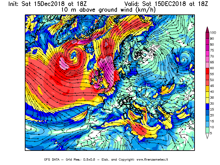 Mappa di analisi GFS - Velocità del vento a 10 metri dal suolo [km/h] in Europa
							del 15/12/2018 18 <!--googleoff: index-->UTC<!--googleon: index-->