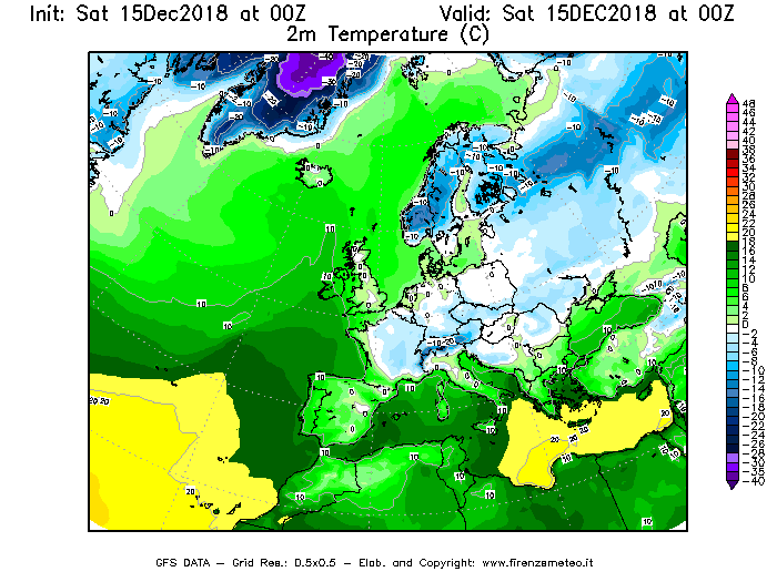 Mappa di analisi GFS - Temperatura a 2 metri dal suolo [°C] in Europa
							del 15/12/2018 00 <!--googleoff: index-->UTC<!--googleon: index-->