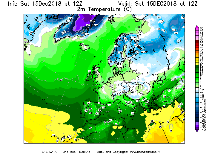 Mappa di analisi GFS - Temperatura a 2 metri dal suolo [°C] in Europa
							del 15/12/2018 12 <!--googleoff: index-->UTC<!--googleon: index-->