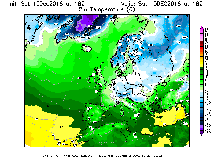Mappa di analisi GFS - Temperatura a 2 metri dal suolo [°C] in Europa
									del 15/12/2018 18 <!--googleoff: index-->UTC<!--googleon: index-->