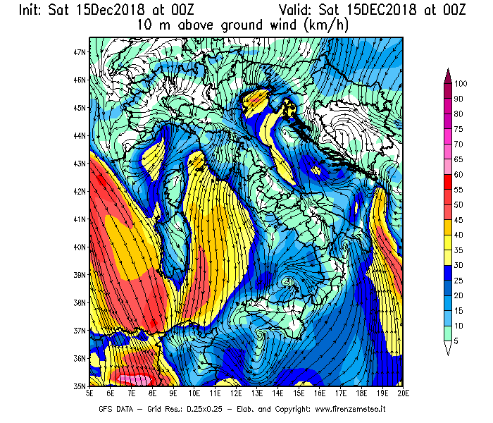 Mappa di analisi GFS - Velocità del vento a 10 metri dal suolo [km/h] in Italia
									del 15/12/2018 00 <!--googleoff: index-->UTC<!--googleon: index-->