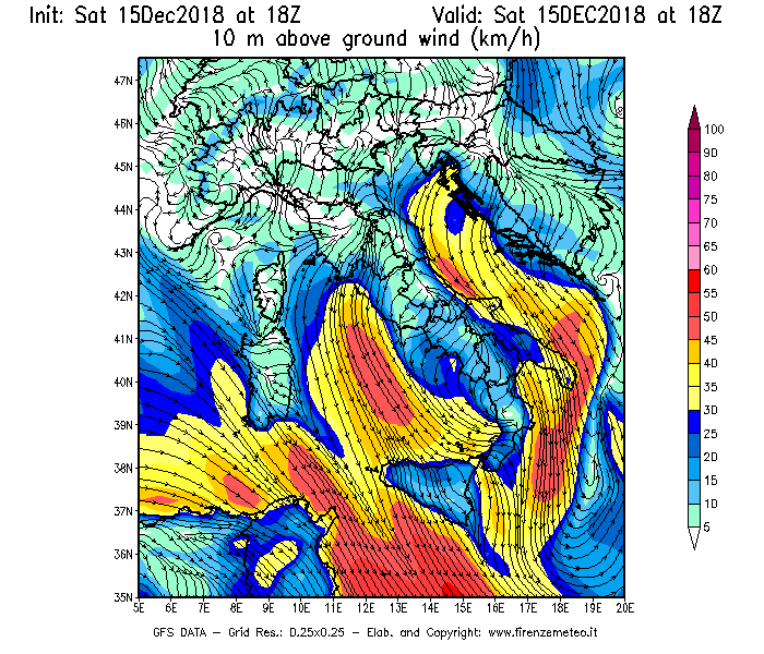 Mappa di analisi GFS - Velocità del vento a 10 metri dal suolo [km/h] in Italia
							del 15/12/2018 18 <!--googleoff: index-->UTC<!--googleon: index-->