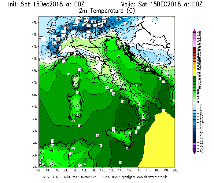 Mappa di analisi GFS - Temperatura a 2 metri dal suolo [°C] in Italia
									del 15/12/2018 00 <!--googleoff: index-->UTC<!--googleon: index-->