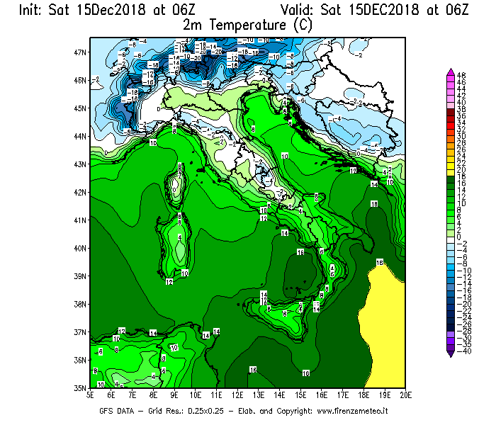 Mappa di analisi GFS - Temperatura a 2 metri dal suolo [°C] in Italia
							del 15/12/2018 06 <!--googleoff: index-->UTC<!--googleon: index-->