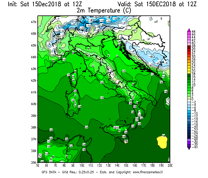 Mappa di analisi GFS - Temperatura a 2 metri dal suolo [°C] in Italia
									del 15/12/2018 12 <!--googleoff: index-->UTC<!--googleon: index-->