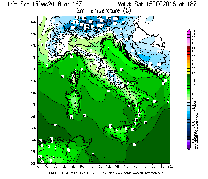 Mappa di analisi GFS - Temperatura a 2 metri dal suolo [°C] in Italia
							del 15/12/2018 18 <!--googleoff: index-->UTC<!--googleon: index-->