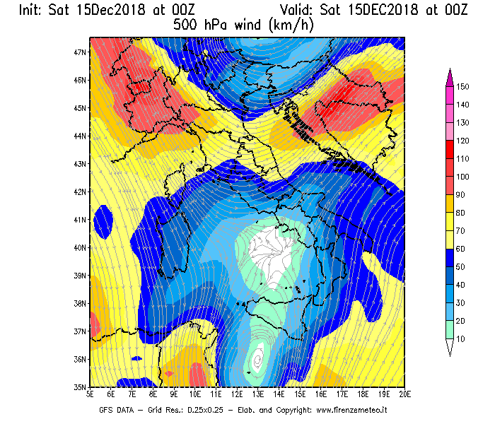 Mappa di analisi GFS - Velocità del vento a 500 hPa [km/h] in Italia
									del 15/12/2018 00 <!--googleoff: index-->UTC<!--googleon: index-->