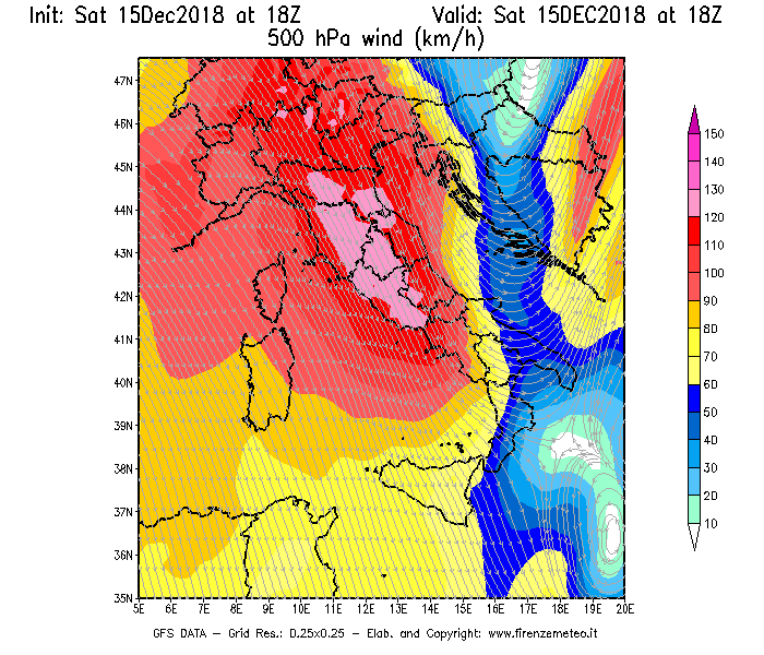 Mappa di analisi GFS - Velocità del vento a 500 hPa [km/h] in Italia
							del 15/12/2018 18 <!--googleoff: index-->UTC<!--googleon: index-->