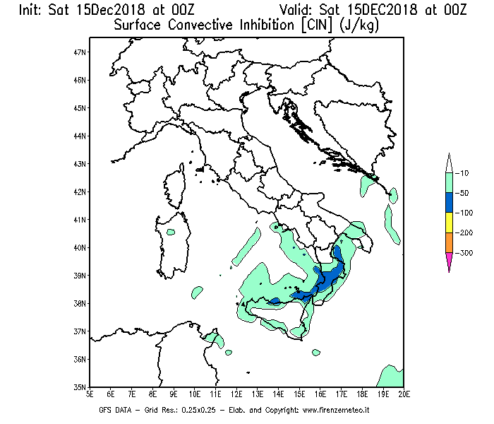 Mappa di analisi GFS - CIN [J/kg] in Italia
							del 15/12/2018 00 <!--googleoff: index-->UTC<!--googleon: index-->