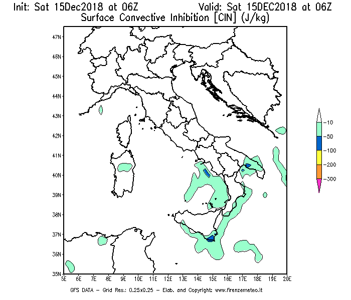 Mappa di analisi GFS - CIN [J/kg] in Italia
							del 15/12/2018 06 <!--googleoff: index-->UTC<!--googleon: index-->