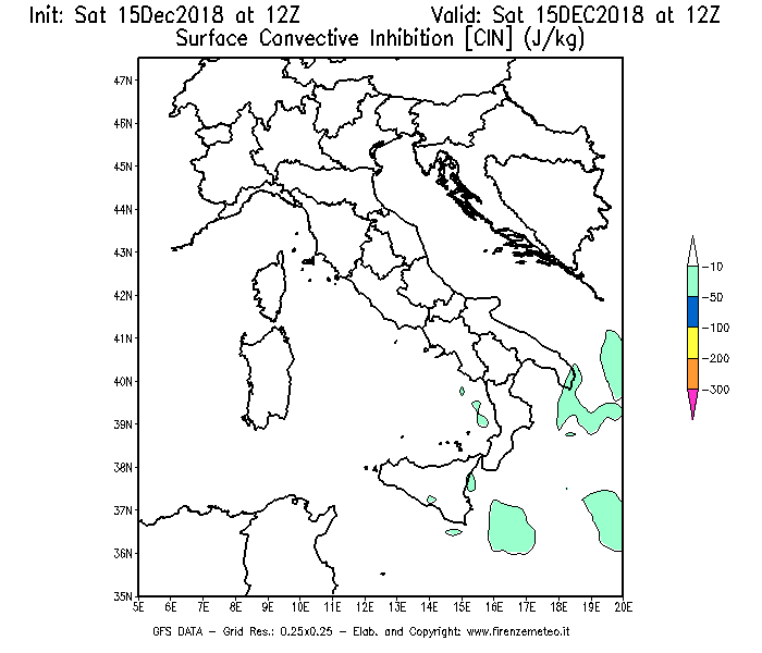 Mappa di analisi GFS - CIN [J/kg] in Italia
									del 15/12/2018 12 <!--googleoff: index-->UTC<!--googleon: index-->