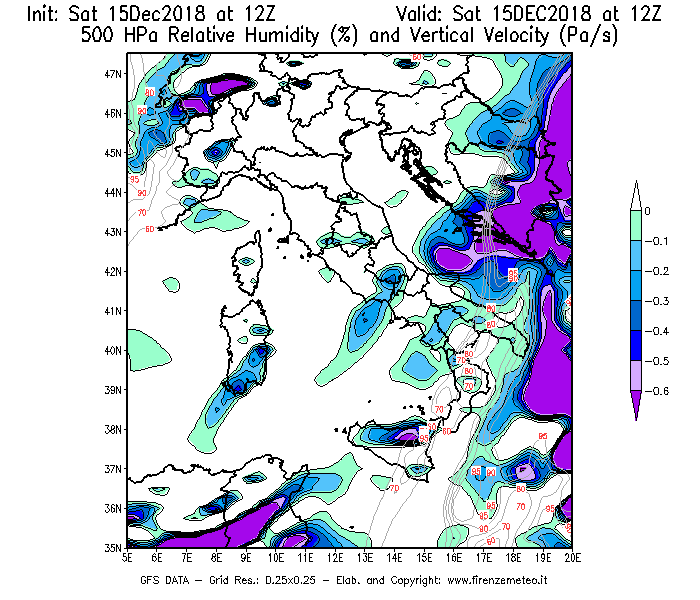 Mappa di analisi GFS - Umidità relativa [%] e Omega [Pa/s] a 500 hPa in Italia
									del 15/12/2018 12 <!--googleoff: index-->UTC<!--googleon: index-->
