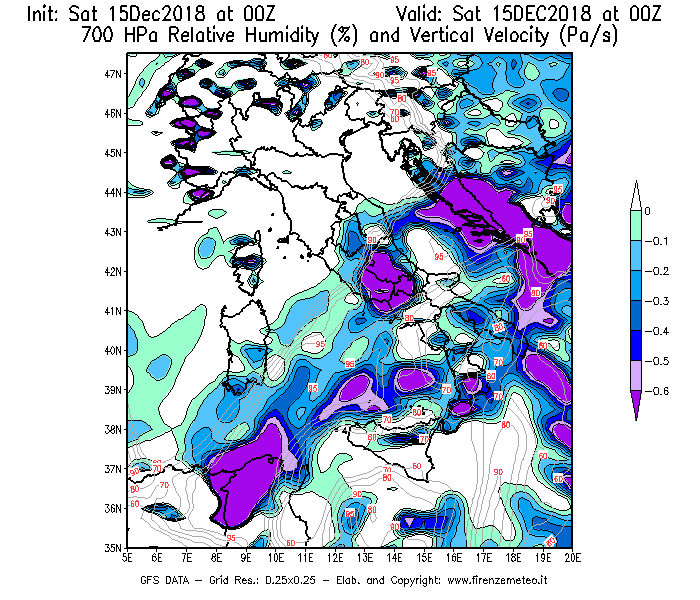 Mappa di analisi GFS - Umidità relativa [%] e Omega [Pa/s] a 700 hPa in Italia
							del 15/12/2018 00 <!--googleoff: index-->UTC<!--googleon: index-->