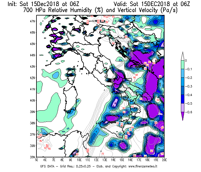 Mappa di analisi GFS - Umidità relativa [%] e Omega [Pa/s] a 700 hPa in Italia
							del 15/12/2018 06 <!--googleoff: index-->UTC<!--googleon: index-->