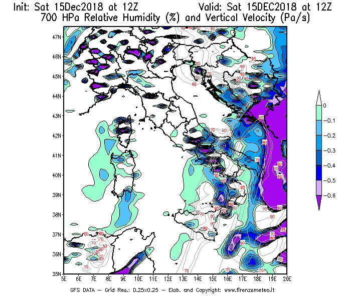 Mappa di analisi GFS - Umidità relativa [%] e Omega [Pa/s] a 700 hPa in Italia
									del 15/12/2018 12 <!--googleoff: index-->UTC<!--googleon: index-->