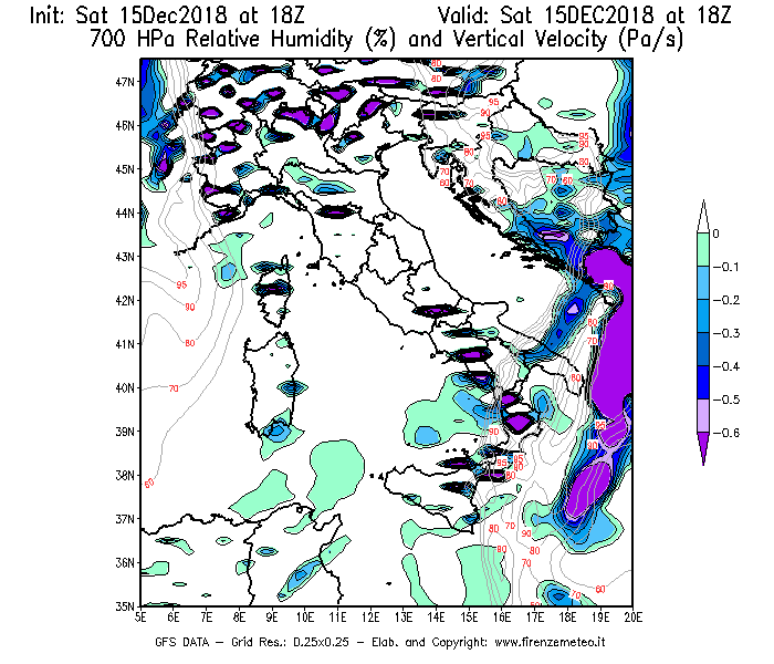 Mappa di analisi GFS - Umidità relativa [%] e Omega [Pa/s] a 700 hPa in Italia
									del 15/12/2018 18 <!--googleoff: index-->UTC<!--googleon: index-->