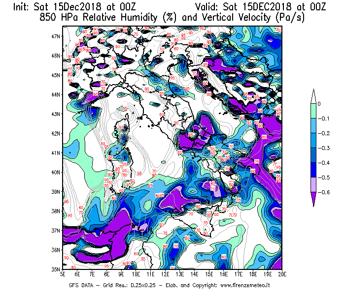 Mappa di analisi GFS - Umidità relativa [%] e Omega [Pa/s] a 850 hPa in Italia
									del 15/12/2018 00 <!--googleoff: index-->UTC<!--googleon: index-->