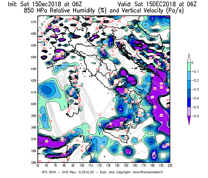 Mappa di analisi GFS - Umidità relativa [%] e Omega [Pa/s] a 850 hPa in Italia
									del 15/12/2018 06 <!--googleoff: index-->UTC<!--googleon: index-->