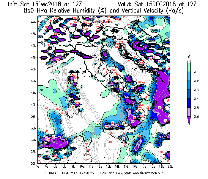 Mappa di analisi GFS - Umidità relativa [%] e Omega [Pa/s] a 850 hPa in Italia
							del 15/12/2018 12 <!--googleoff: index-->UTC<!--googleon: index-->