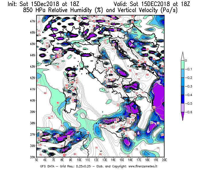 Mappa di analisi GFS - Umidità relativa [%] e Omega [Pa/s] a 850 hPa in Italia
							del 15/12/2018 18 <!--googleoff: index-->UTC<!--googleon: index-->