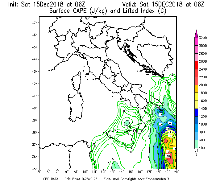 Mappa di analisi GFS - CAPE [J/kg] e Lifted Index [°C] in Italia
							del 15/12/2018 06 <!--googleoff: index-->UTC<!--googleon: index-->