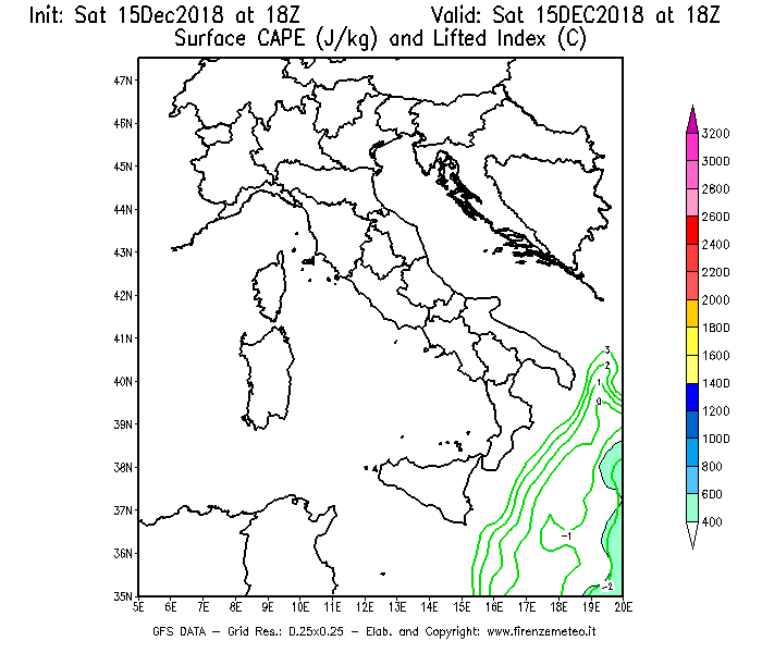 Mappa di analisi GFS - CAPE [J/kg] e Lifted Index [°C] in Italia
									del 15/12/2018 18 <!--googleoff: index-->UTC<!--googleon: index-->