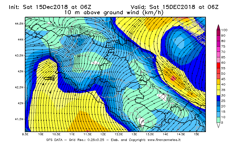 Mappa di analisi GFS - Velocità del vento a 10 metri dal suolo [km/h] in Centro-Italia
							del 15/12/2018 06 <!--googleoff: index-->UTC<!--googleon: index-->