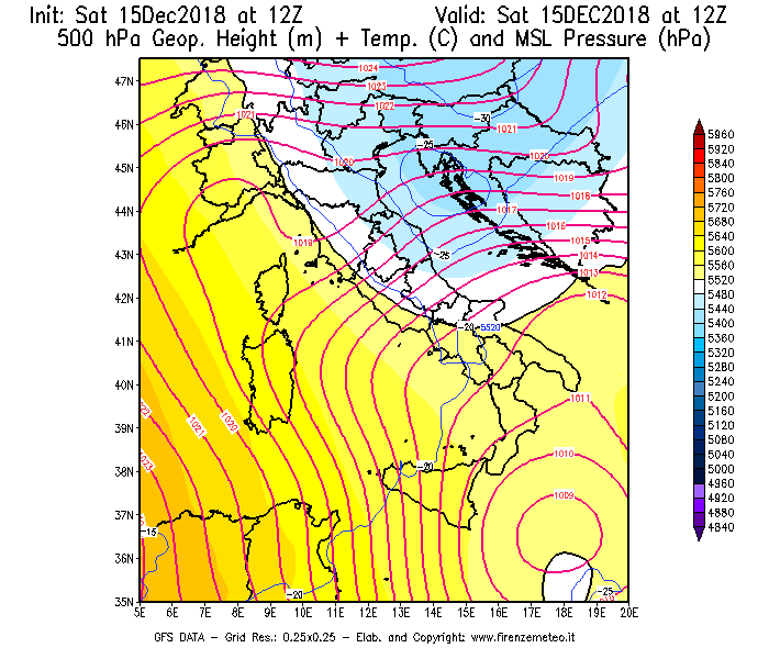 Mappa di analisi GFS - Geopotenziale [m] + Temp. [°C] a 500 hPa + Press. a livello del mare [hPa] in Italia
									del 15/12/2018 12 <!--googleoff: index-->UTC<!--googleon: index-->